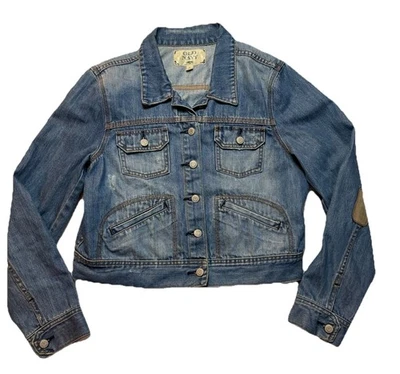 Old Navy Cropped Denim Jean Jacket Leather Elbow Patches Women’s Size XL Button - Image 1 of 4