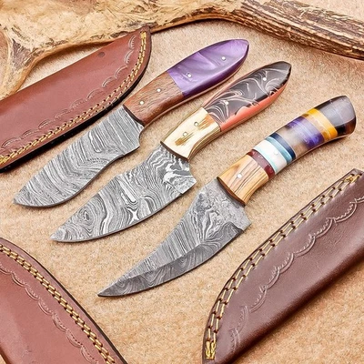 Juego de 3 cuchillos desolladores de hoja de Damasco | 8" | Funda de cuero con mango de madera 82 Foto 1 de 4