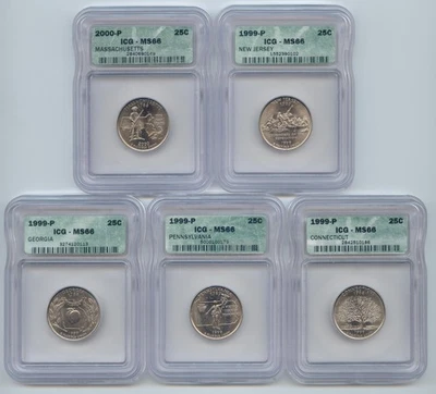 1999-2000-P State Quarter, All ICG MS-66, CT, PA, GA, NJ, MA - Image 1 of 2
