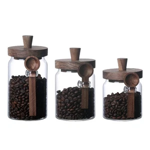 Bamboo Wooden Lid Food Storage Container Kitchen Glass Spice Jar With Spoon - Foto 1 di 15