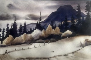 Original Landscape Watercolor Painting Mountain Pines Snow 25×19 A. Farnsworth - Picture 1 of 3