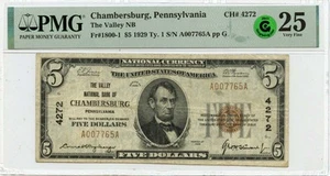 1929 Ty.1 $5 Valley Natl; Bank Chambersburg PA CH#4272 PMG VF25 GCC Green - Picture 1 of 2