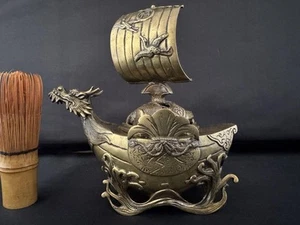 Antike japanische Bronze Räuchergefäß Drachen Schatzschiff Kupfer Skulptur - Bild 1 von 24