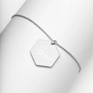 Love Engraved Silver Hexagon Necklace - Picture 1 of 7