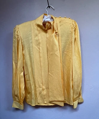 Blusa Top Vintage Oleg Cassini Manga Abullonada Talla 4 Amarillo Pata de Gallo Cuello Atado Foto 1 de 4