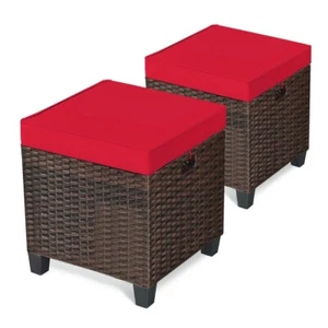 2 Pcs Patio Rattan Ottoman Set Cushioned Seat Foot Rest Coffee Table Garden Red - Picture 1 of 9