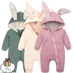Winter Baby Boys Girls Solid Zipper Hooded Rabbit Ear Jumpsuit Romper Clothes - Picture 1 of 22