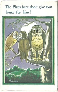 1948 Inter-Art Comic Postkarte EULE Farbkunst von Mike Birds Don't Give Two Hoots - Bild 1 von 4