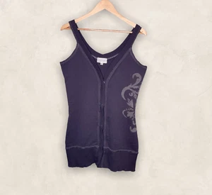 Mystree Large L Gray Studded Graphic V-Neck Tunic Sweater Vest Cardigan Buckle - Picture 1 of 4