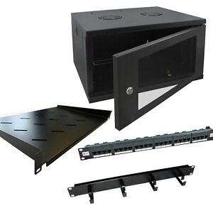 6u 600mm 19" Black Wall Mounted Data Cabinet + Cat6 Panel, 300mm Shelf,Mgn Bar