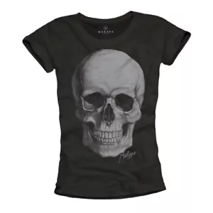 COOL GOTHIC T SHIRT DONNA CON TESCHIO DESIGN - TOP PUNK ROCK RAGAZZA TEE NERA - Foto 1 di 1