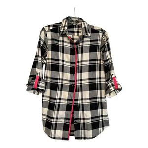 Camicia donna Pearly Vines bianca nera a quadri rosa orlo polsino manica bottoni piccola - Foto 1 di 2