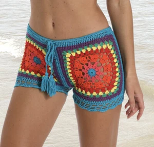 Boho Crochet Colored Squares Shorts Bikini Bottom Beach Swimwear Sexy Hot Pants - Picture 1 of 6