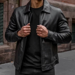 Men Racer Jacket Black 100% Real Lambskin Leather Biker Moto Outerwear Coat -153 - Picture 1 of 11