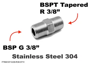 BSP G 3/8" Male to BSPT Tapered R 3/8" Male Stainless Sensor Adaptor Fittings - Picture 1 of 4