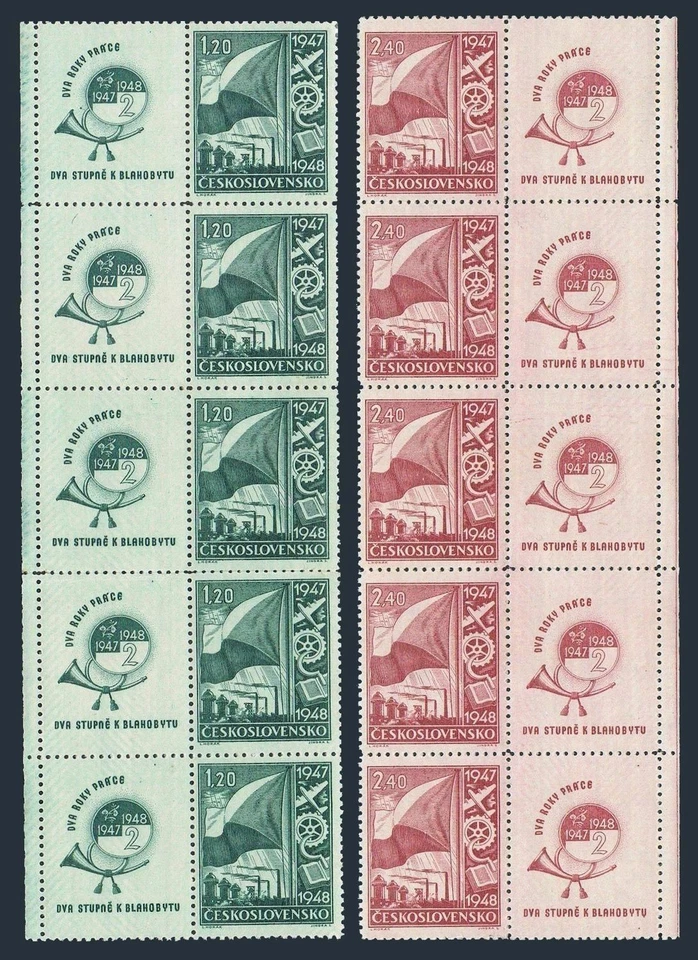Czechoslovakia 322-323-label strips/5,MNH. Reconstruction plan,1947. - Image 1 of 1