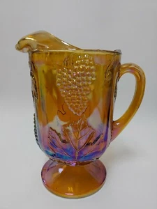 Vintage Indiana Carnival Glass Iridescent Gold Harvest Grape 64o Footed Pitcher  - Picture 1 of 9