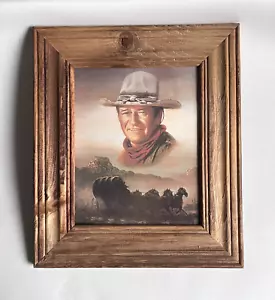 John Wayne Cowboy Covered Wagon Western Scene Wood Framed Picture - Picture 1 of 7