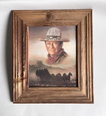 Cuadro enmarcado de madera de la escena occidental de vagón cubierto de vaquero de John Wayne Foto 1 de 4
