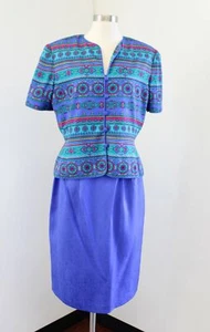 Adrianna Papell Safe Silk Blue Green Geometric Skirt Suit Set Short Sleeve Sz 12 - Picture 1 of 6