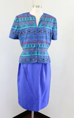 Adrianna Papell Seguro Seda Azul Verde Falda Geométrica Conjunto Manga Corta Talla 12 Foto 1 de 4