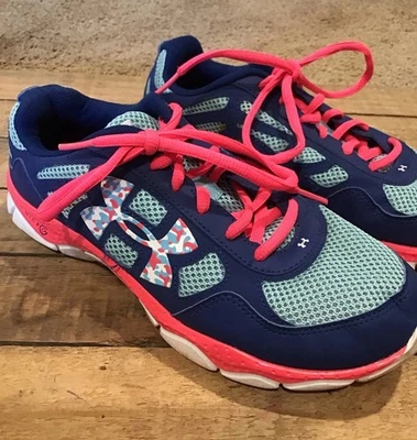 Under Armour Girl’s Micro G Running Shoe Sz 6Y Blue/Pink Camo - Image 1 of 4