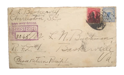 US F1 REGISTERED POSTAL COVER HISTORY charleston S.C to burkeville VIRGINIA 1913 - Image 1 of 2