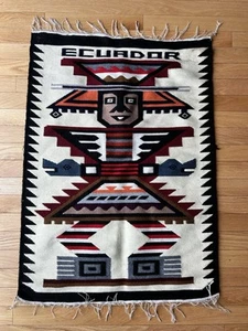 Vintage Wool Woven Wall Hanging Tapestry Fringe Rug Ecuador Colorful Art 36x24 - Picture 1 of 4