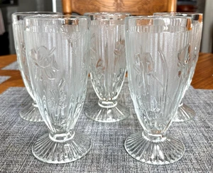 Vintage Jeannette Iris and Herringbone Clear Footed Tumblers Set of 5 - Picture 1 of 1