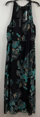 NWT Elie Tahari Batik Dark Navy Teal Floral Print Halter Maxi Dress Women's SZ L - Image 1 of 3