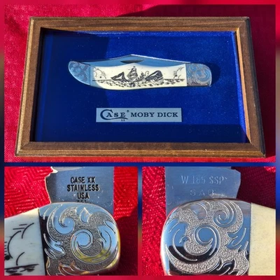 CASE XX 1977 MOBY DICK SCRIMSHAW BONE Folding Hunter Scrolled Knife W165 SSP - Image 1 of 4