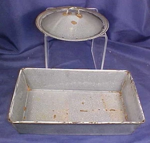 2 Pieces Antique Gray Granite Lid & Long Pan Enamelware Graniteware - Picture 1 of 7