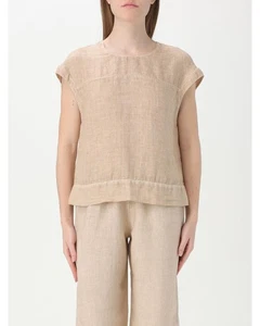 120% Lino Linen Short Sleeve Top Relaxed Fit Women Beige - Picture 1 of 5