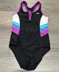 Zero Xposure Swimsuit One Piece Racer Back Black Colorful Stripe Girls Size 8 - Picture 1 of 8