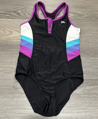 Купальник Zero Xposure цельный гоночный сзади черный цветная полоса для девочек размер 8 - Изображение 1 из 4