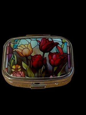 Pill Box Tulips Metal Double Sided Vitamins Prescriptions Purse Travel 2.5x1.5 - Image 1 of 2