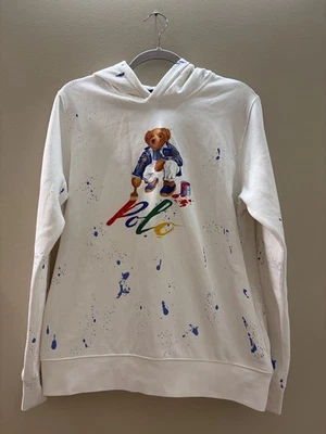 Polo Bear Ralph Lauren Moletom com Capuz Branco Pintura Salpicado Juvenil Tamanho XL 18-20 Ajuste M Novo com etiquetas - Imagem 1 de 4