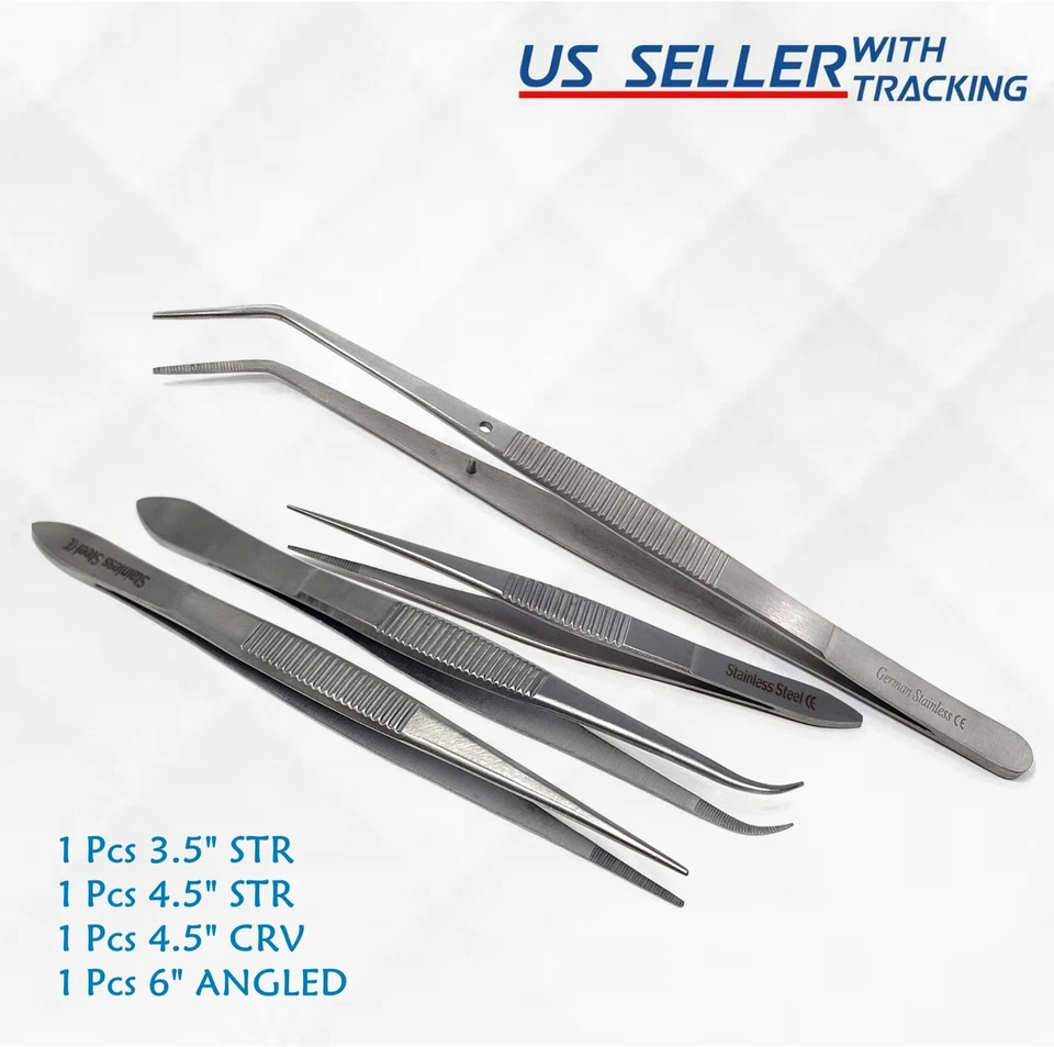 Splinter Forceps - Fine Point - Surgical Set of 4 Pieces Stainless Steel German