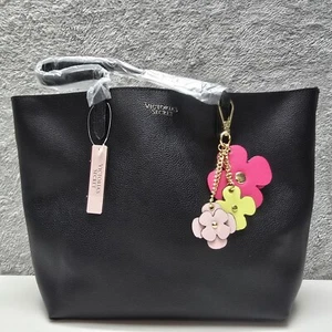 Victoria's Secret Bag Tote Purse Tease Flower Key Chain Black Faux Leather New - Picture 1 of 14