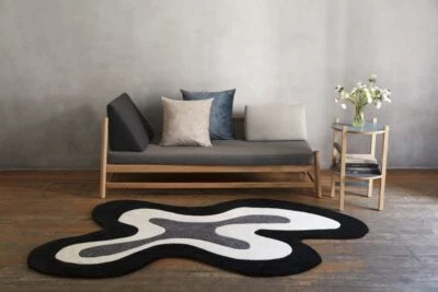 Tapete de área decorativo de lã feito à mão preto e branco para quarto sala de estar - Imagem 1 de 4