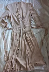 Vintage 1940s Nude Fawn Rayon Crepe Ruched Front Tie Waist Hourglass Dress - Picture 1 of 8