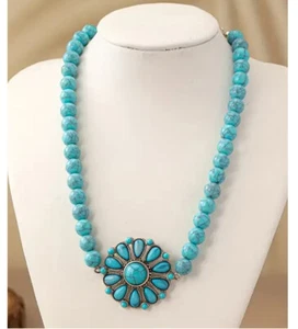 Vintage Style Faux Turquoise Flower Pendant Bead Chain Choker Necklace - Picture 1 of 1
