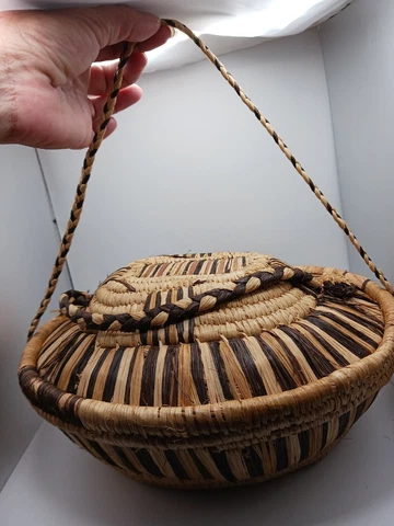 Vintage Oval Spiral Handwoven Hanging  ( Bread?)Basket W Lid 2 Handles MUST READ Cover
