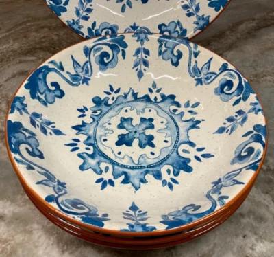 Large Pasta Bowls Certified International. Abstract Blue Medallion. Set Of 4 New - Image 1 of 4