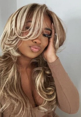 Pelucas de cabello humano con flequillo marrón platino rubio medio resaltado frente encaje Foto 1 de 4