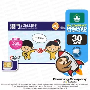 ๐ Macau 30 DAYS UNLIMITED DATA Travel Prepaid SIM card Roaming Hotspot 10GB4G - Picture 1 of 2
