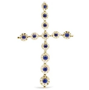 .11ct G SI 14K Yellow Gold Blue Sapphire Gemstone Cross Pendant - Picture 1 of 1