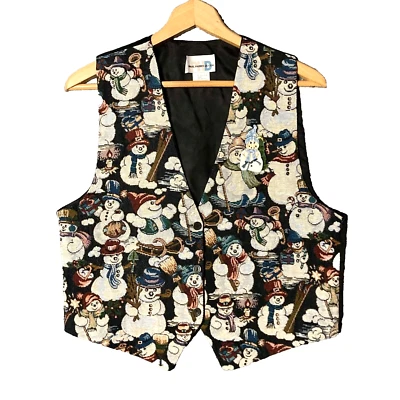 Vintage Y2k Snowman Tapestry and Lapel Pin Holiday Woven Jacquard Vest Womens M  - Image 1 of 4