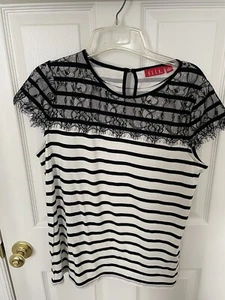 NWOT Elle Black and White Lace Striped T Shirt sz L - Picture 1 of 8