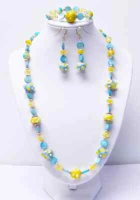 Lámpara de vidrio de trabajo turquesa/amarillo con caparazón de fregona collar/pulsera/orejero Foto 1 de 4